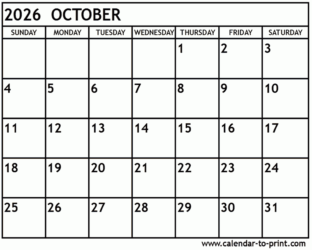 October Blank Printable Calendar 2026