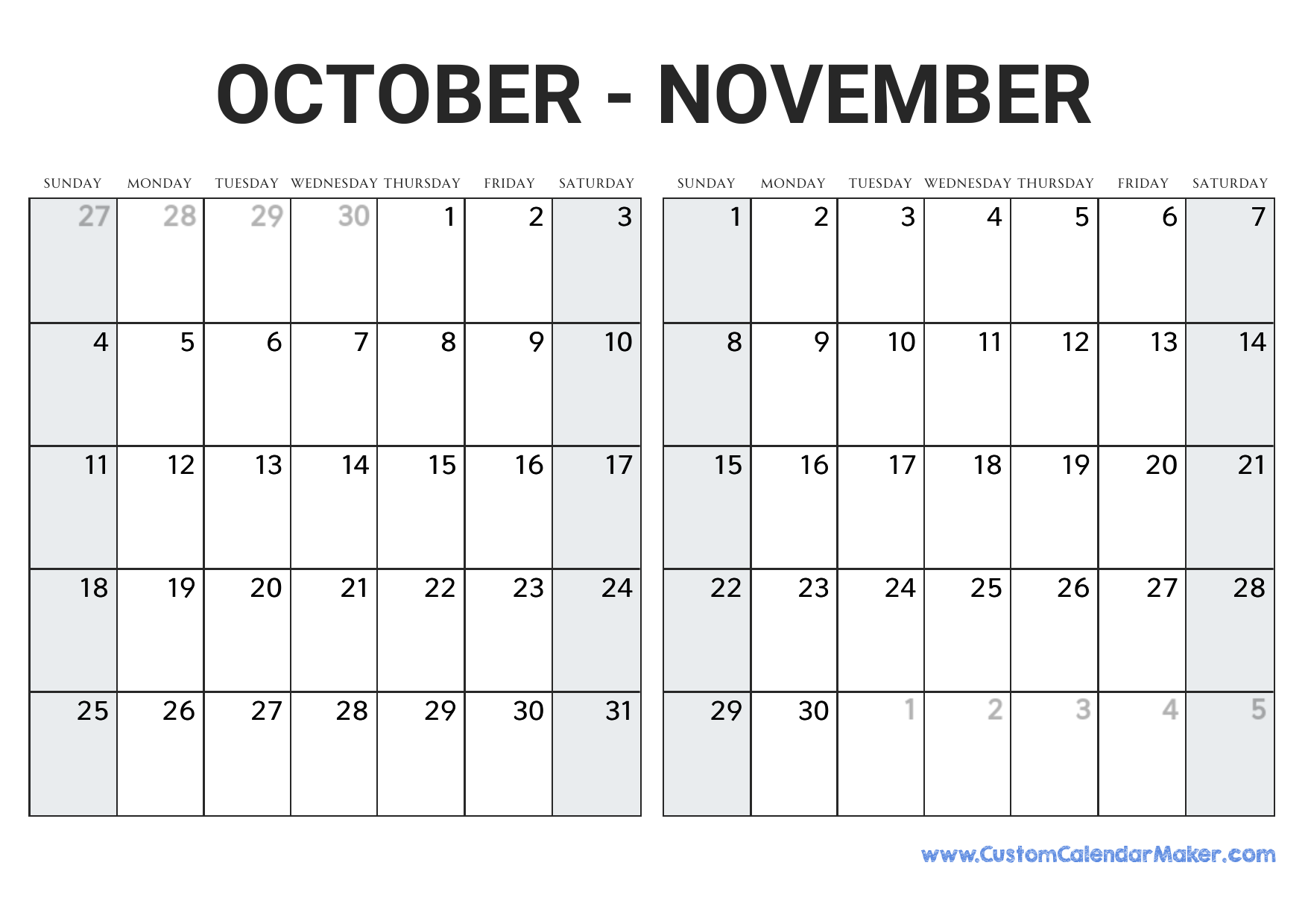 Printable October November Decmber 2026 Calendar