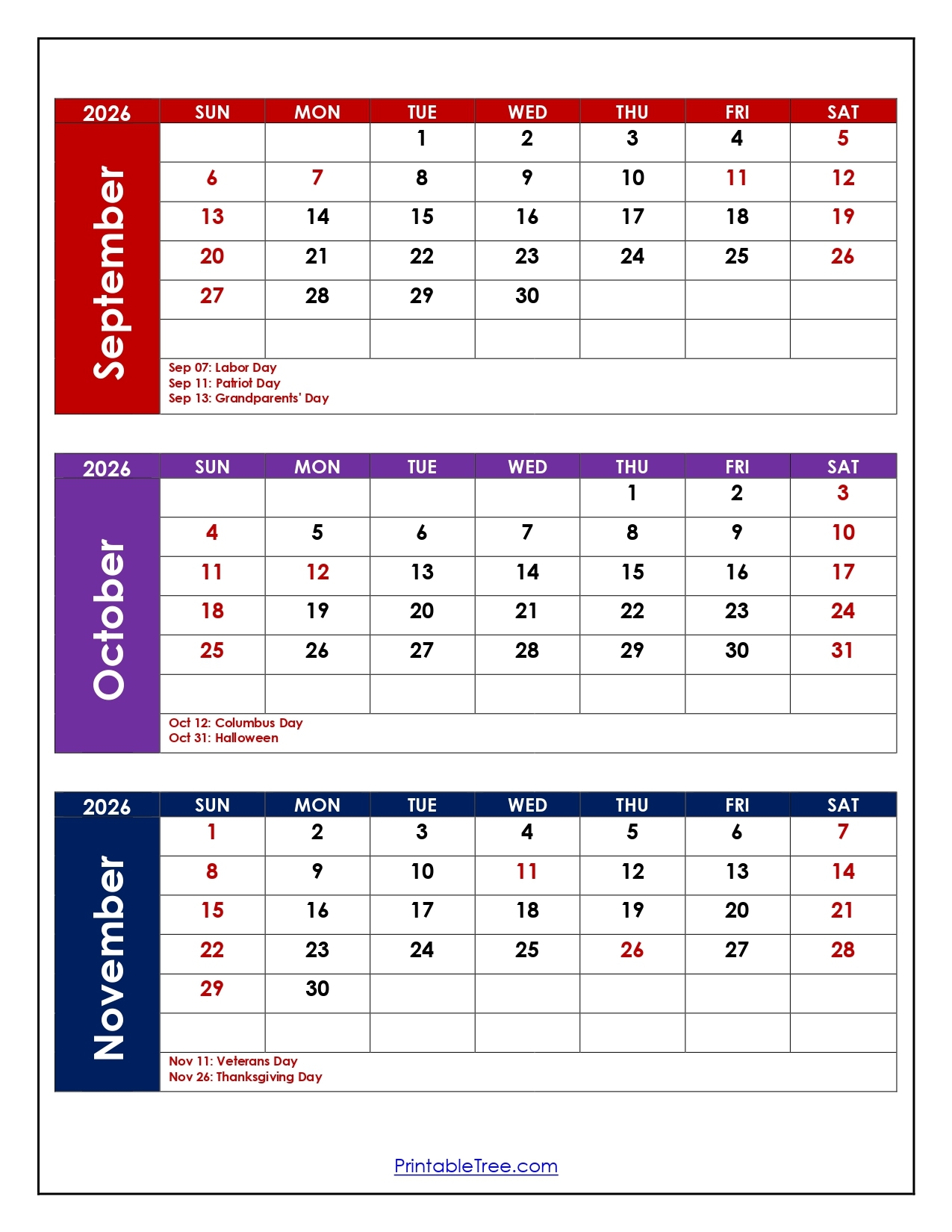 October To December 2026 Calendar Printable Three Month Calendar
