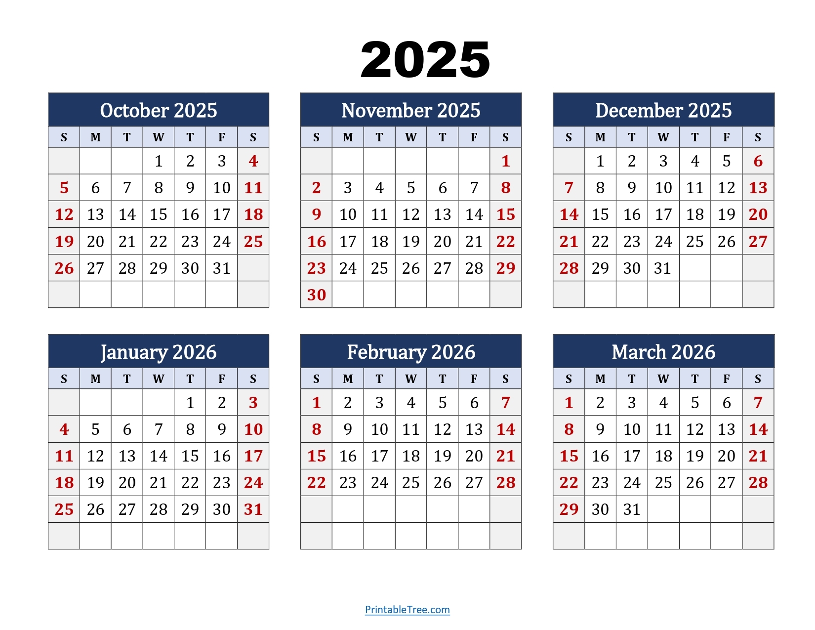 October To March 2026 Calendar Printable PDF Six Months Calendar