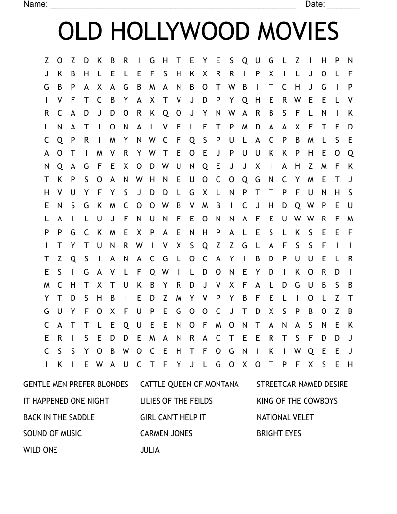 Classic Movie Printable Crossword Puzzles