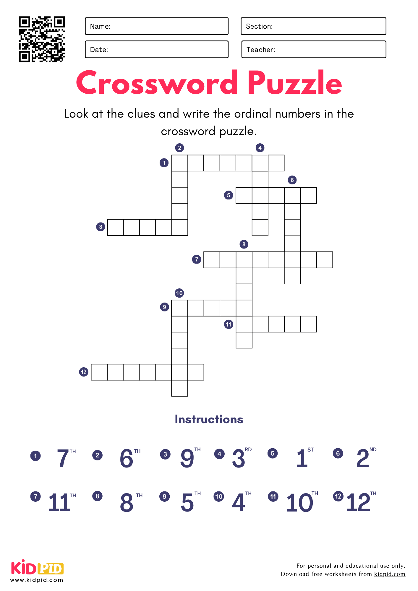 Math Crossword Puzzles For Grade 1
