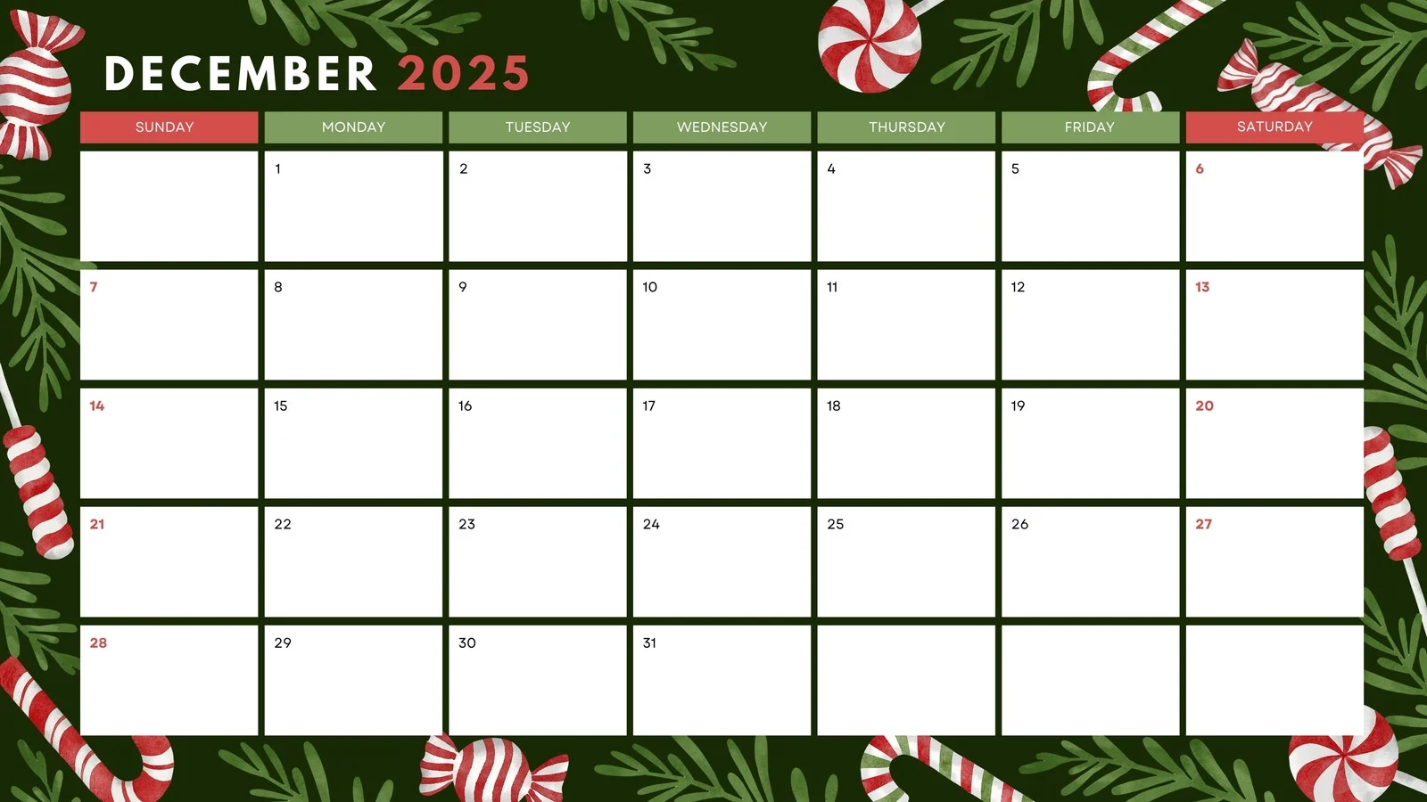 Printable Calendar December 2026 Canva