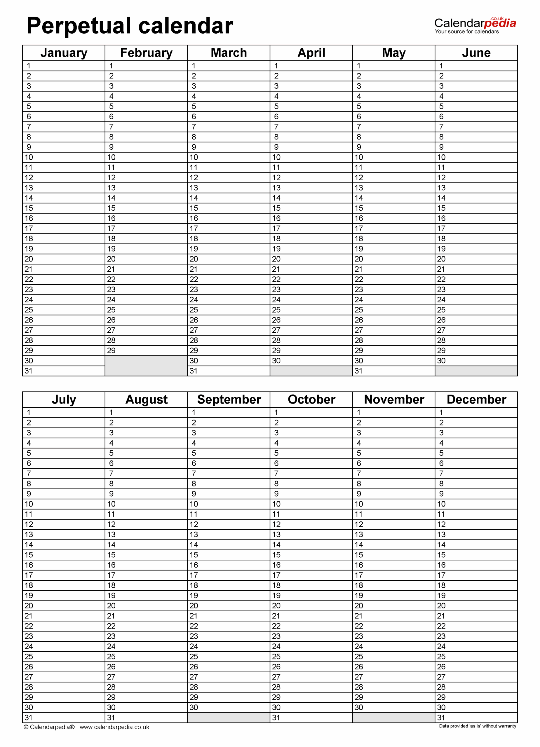 Editable Blank Perpetual Calendar Printable