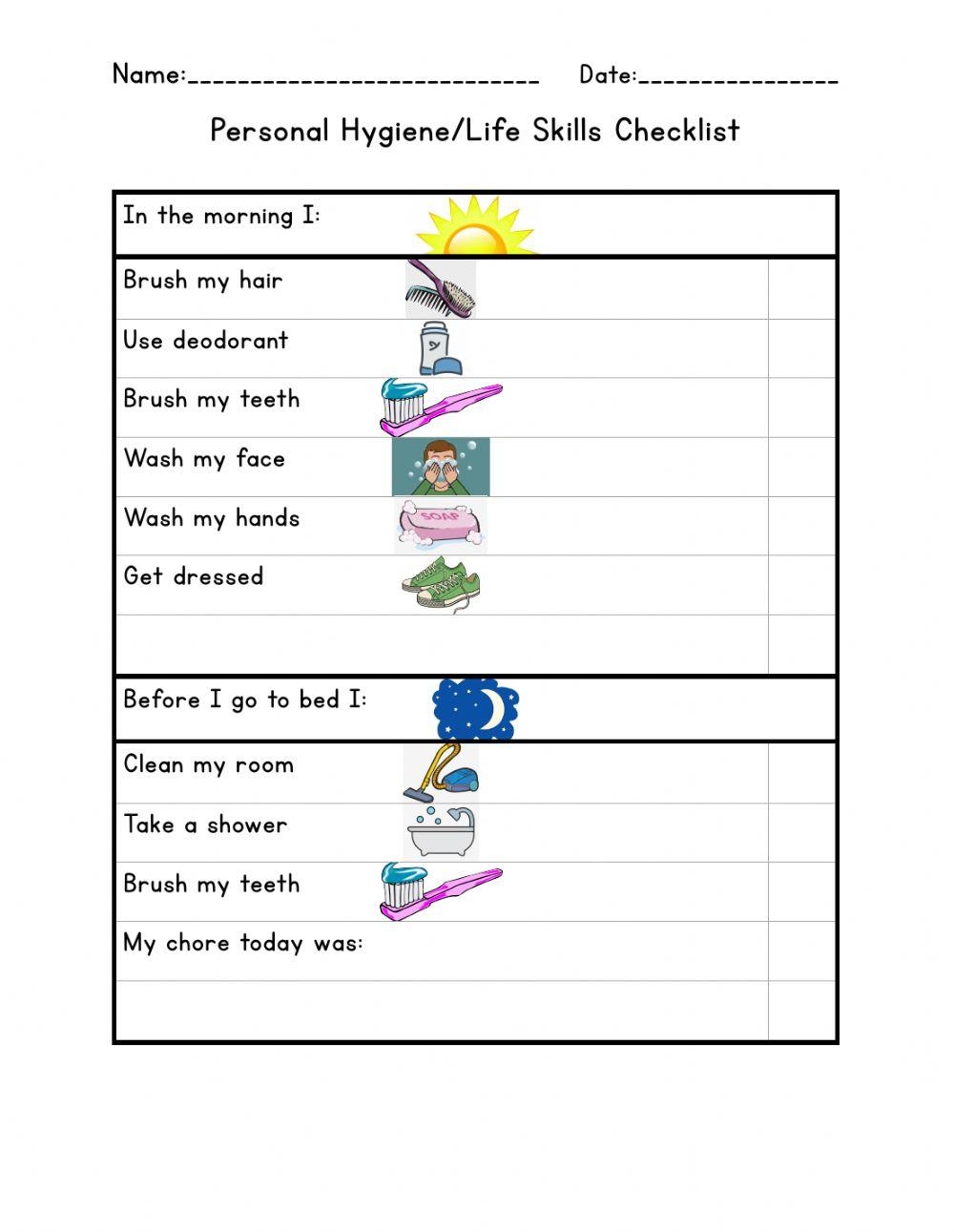 Personal Hygiene Life Skills Checklist Worksheet Live Worksheets 
