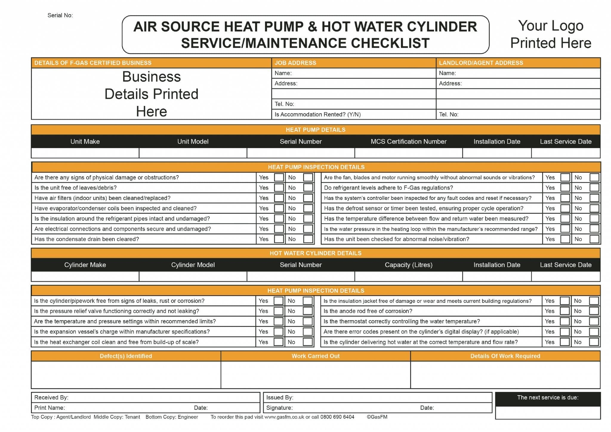 Personalised Air Source Heat Pump Service Maintenance Checklist
