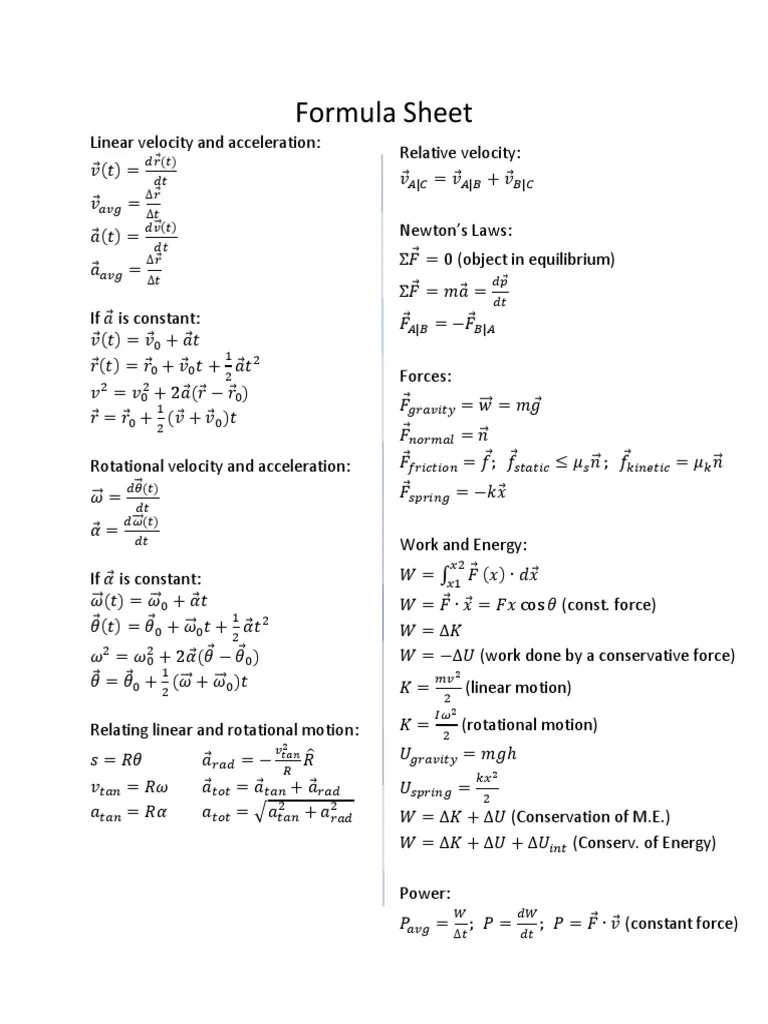 Physics 1 Formula Sheet PDF Rotation Around A Fixed Axis Force