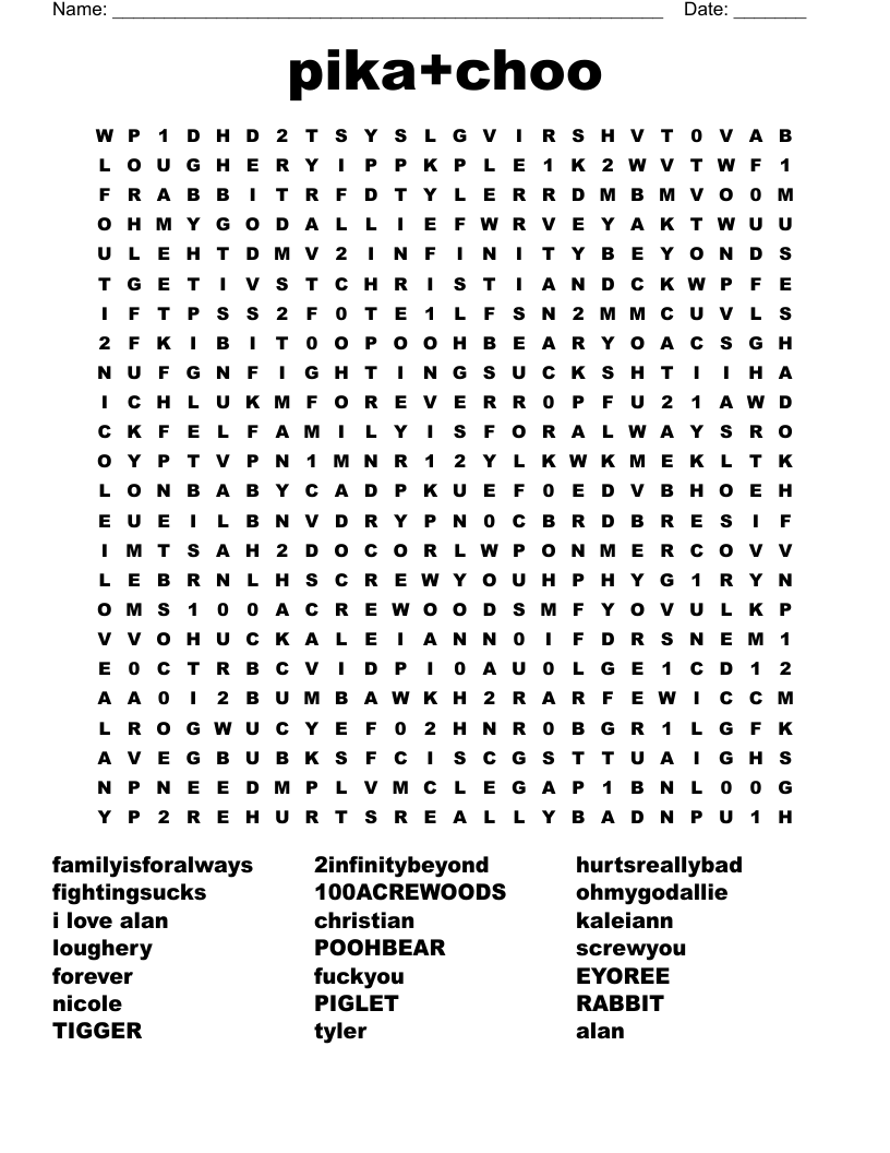Pika choo Word Search WordMint