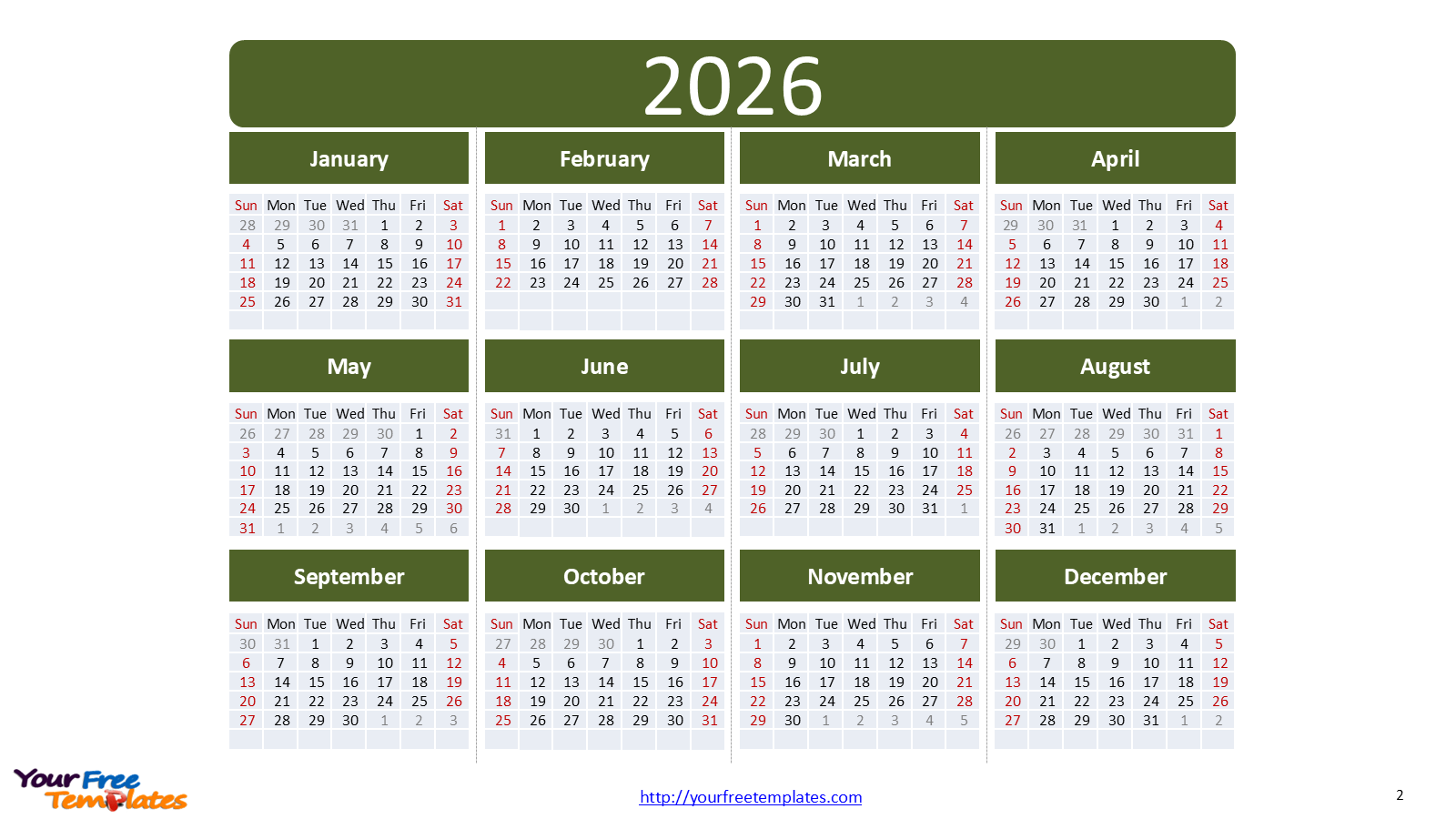 Plan Ahead With The 2026 Calendar Printable Free PowerPoint Template