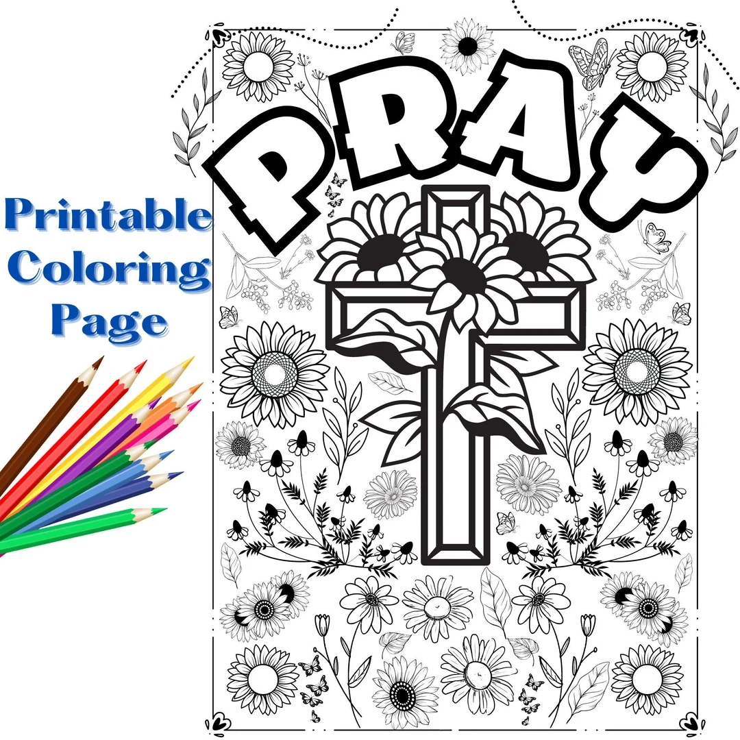 Pray Printable Coloring Page Digital Sunflower Cross Religious 