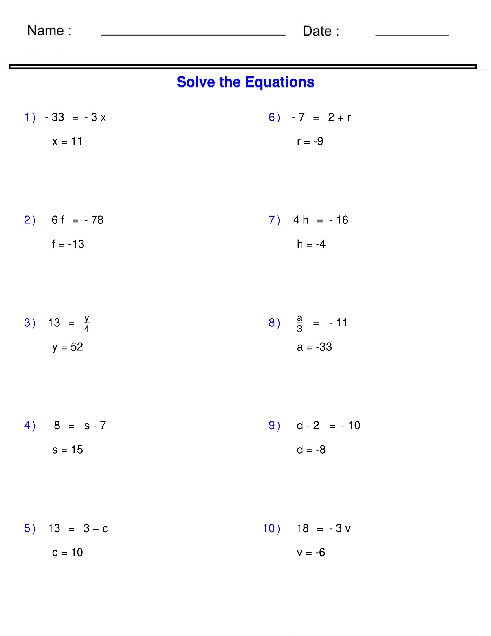 Pre Algebra Equations One Step Equations Containing Integers 
