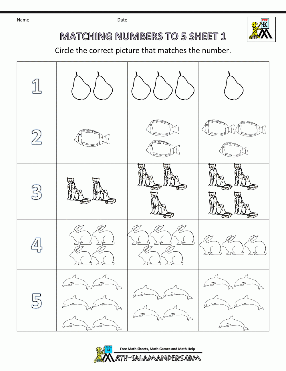 Preschool Math Worksheets Matching To 5