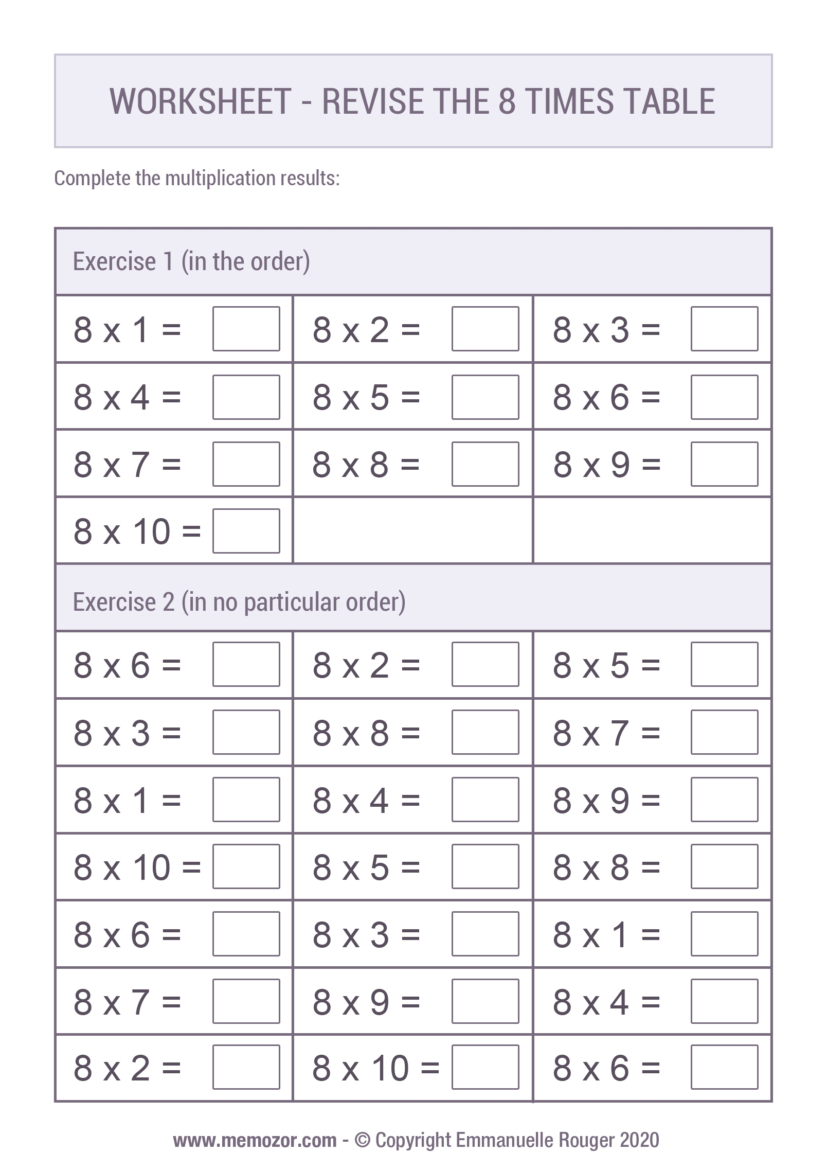 Printable 8 Times Table Worksheets
