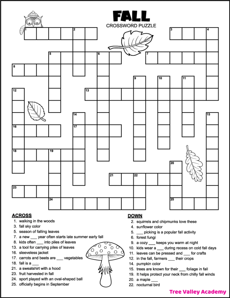November Crossword Puzzles Kids Printable