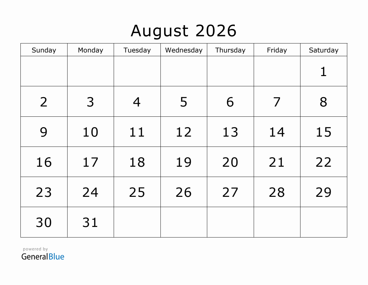 Blank Calendar Printable August 2026 Free