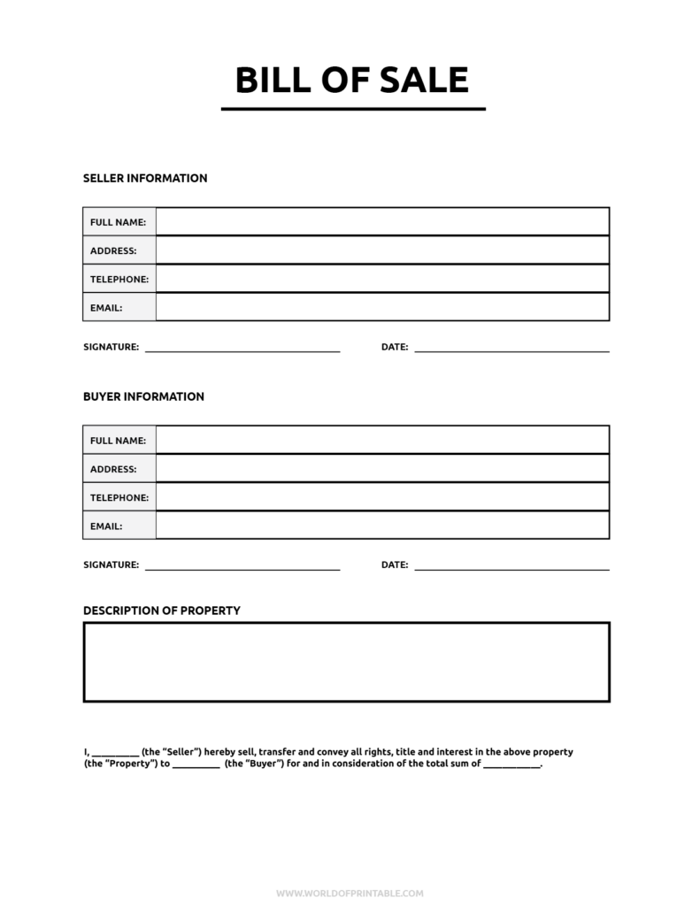 Printable Bill Of Sale Template
