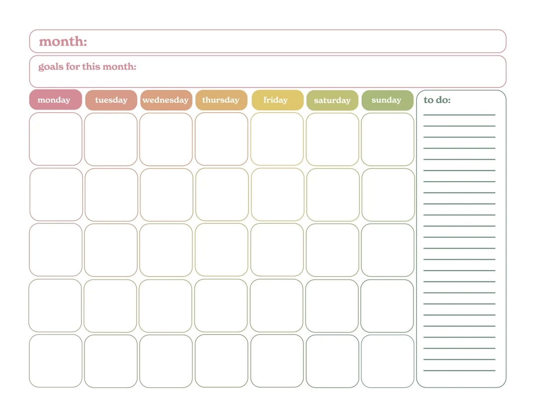 Printable Blank Calendar Rainbow Instant Download Etsy