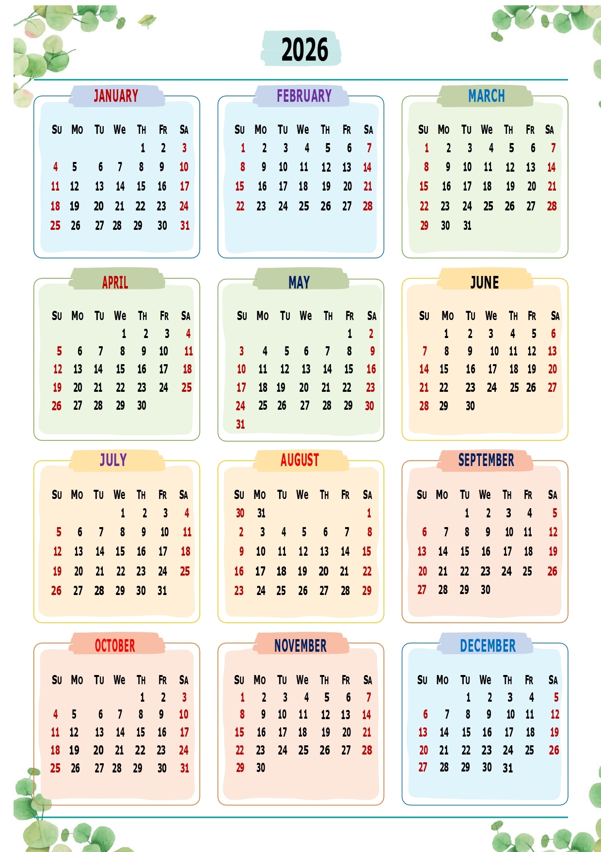 Printable Calendar 2026 One Page With Holidays Single Page 2026 