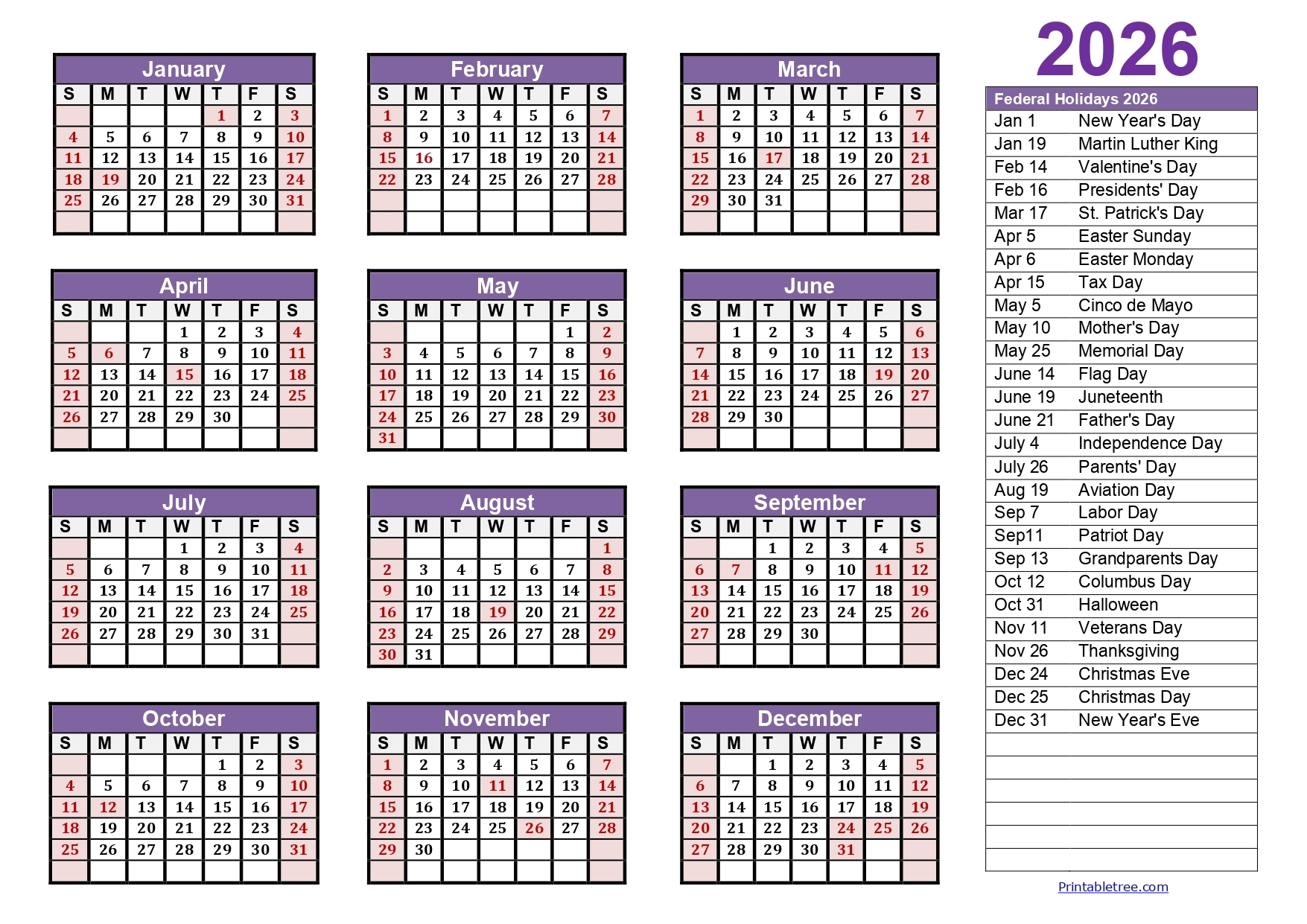 2026 Calendar Pages Printable