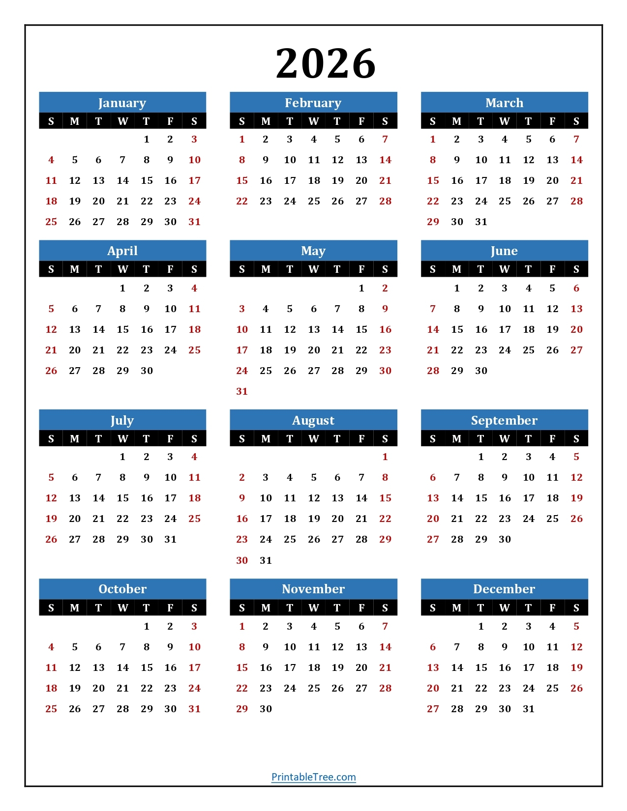 2026 Printable Calendar By Year