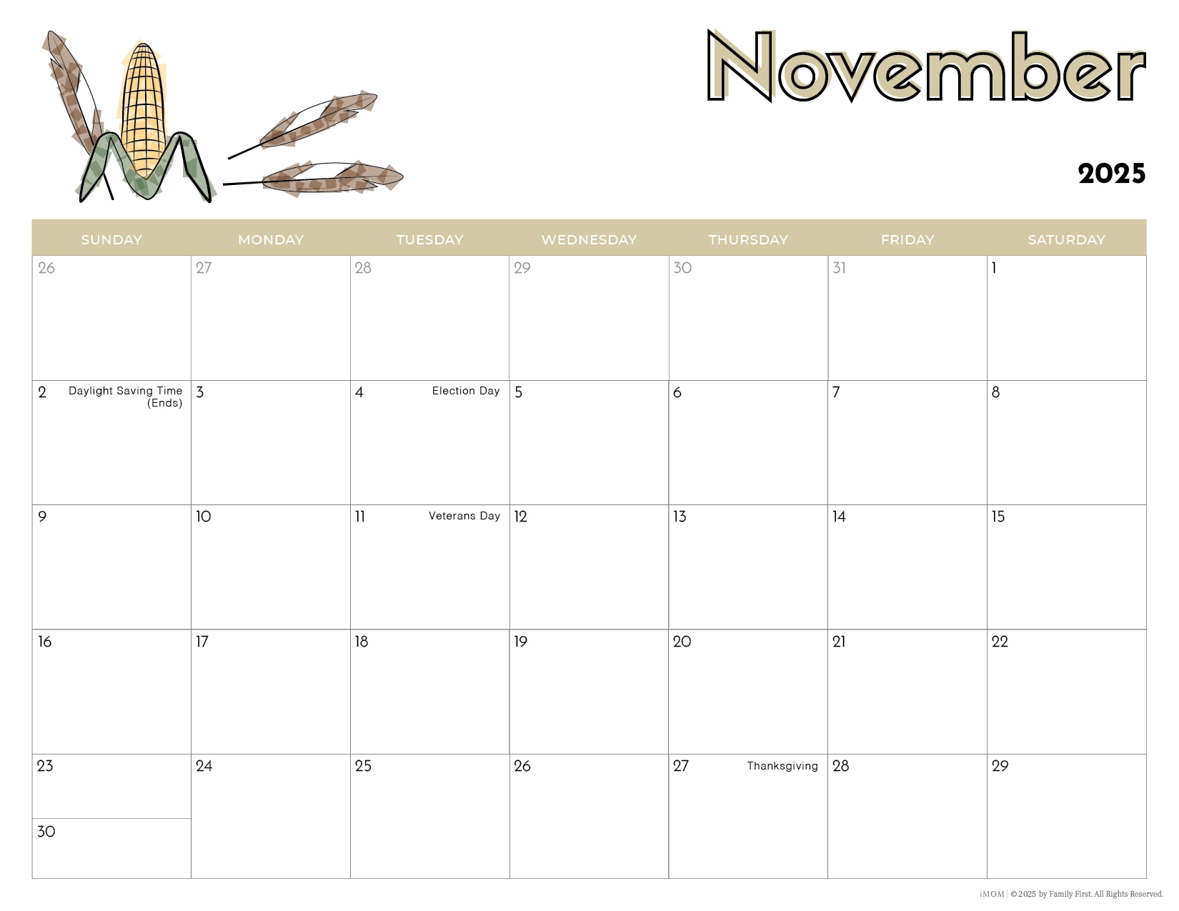 November Calendar 2026 Printable For Kids