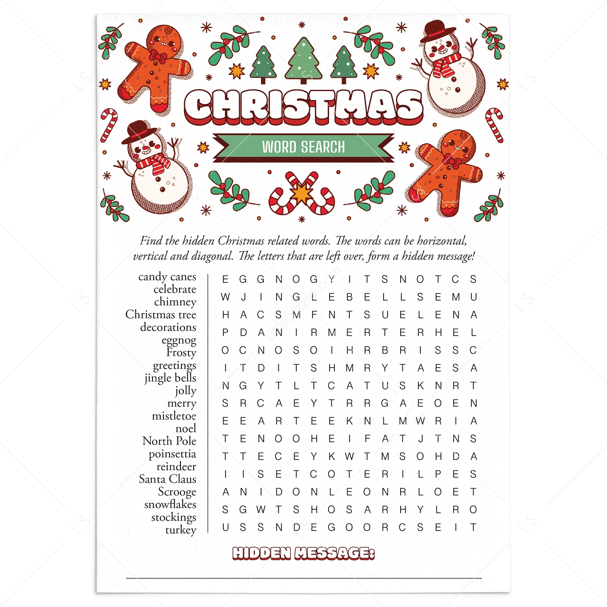 Printable Christmas Word Search With Answers