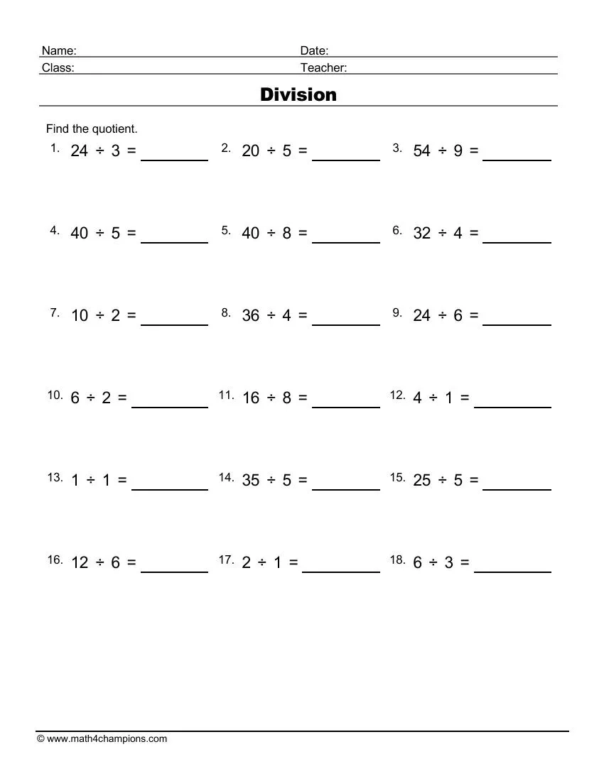 5th Grade Division Worksheets Printable