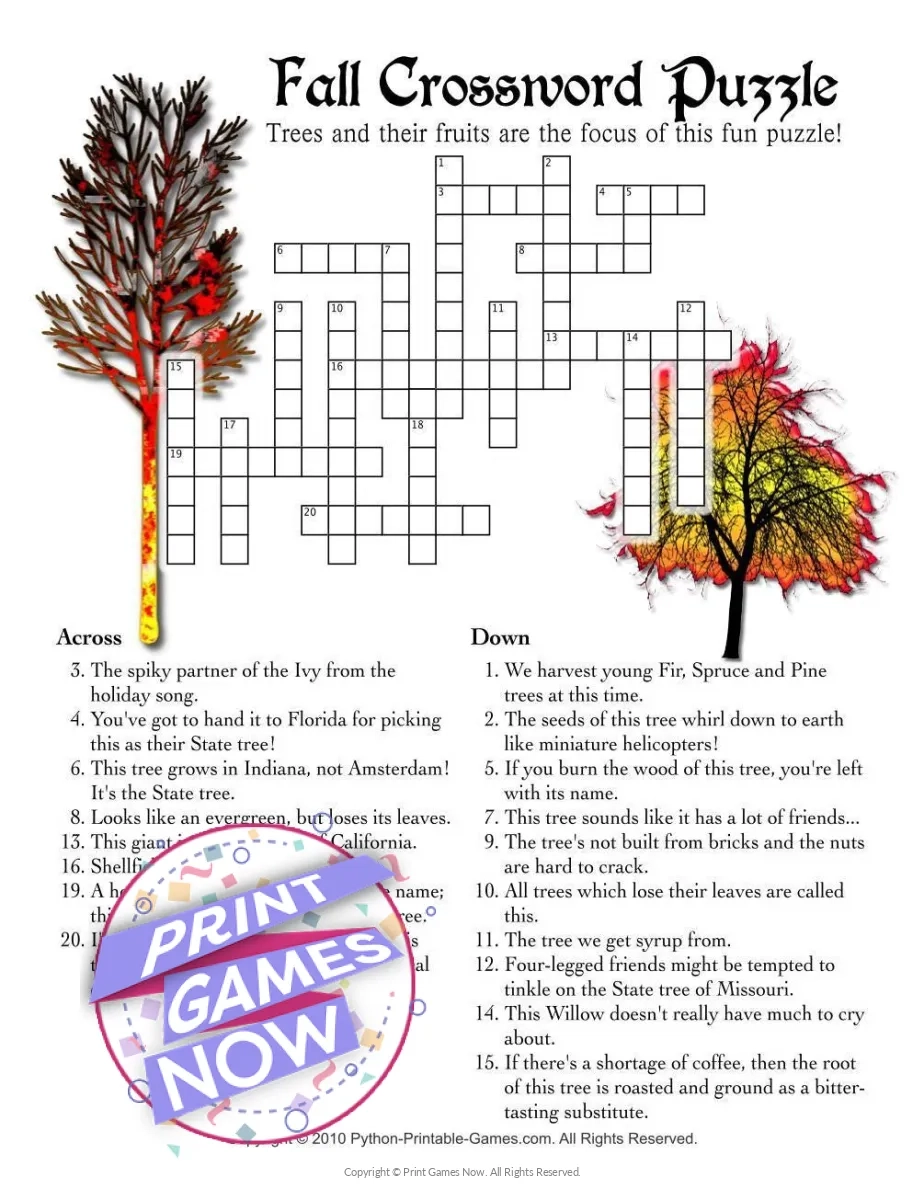 Printable Fall Harvest Fall Crossword Puzzle Party Game Print 
