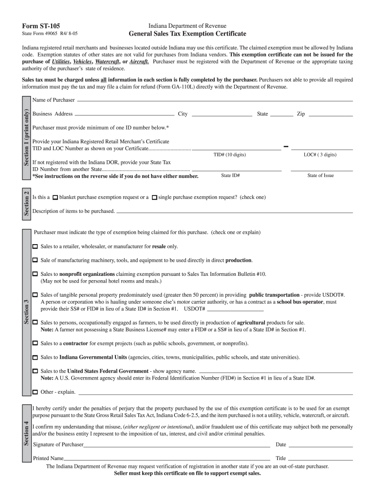 Printable Form St 105 Indiana