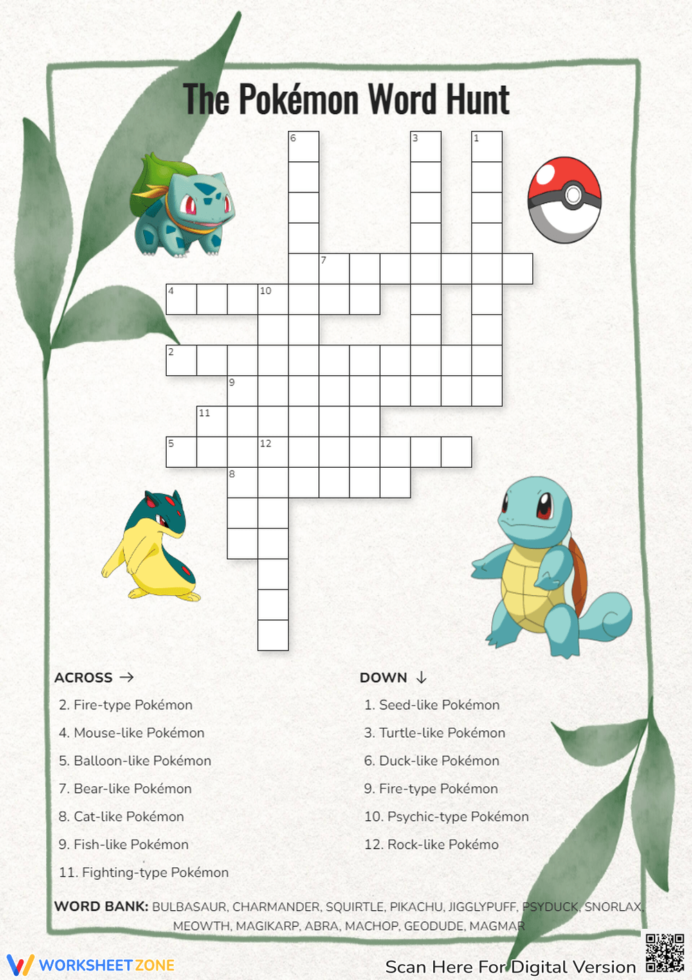 Printable Grade 1 Pokemon Crossword Puzzle Worksheets Download