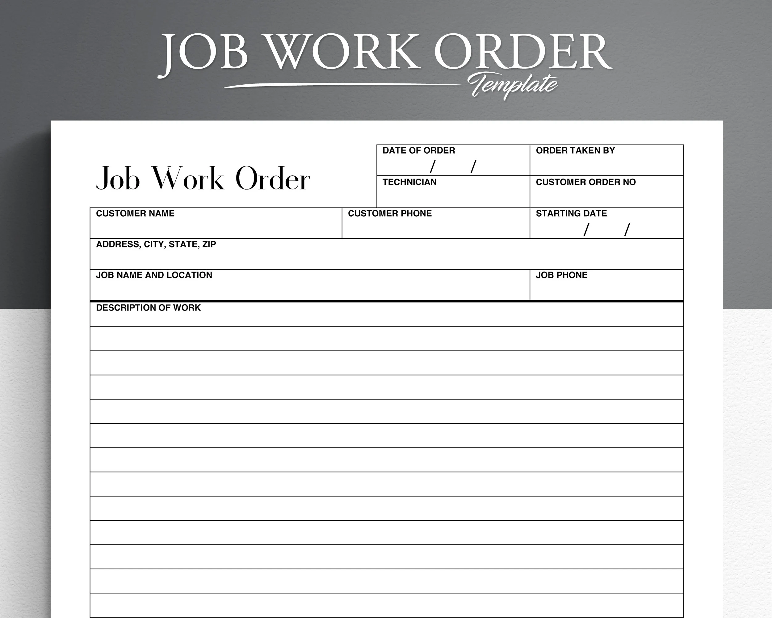 Printable Job Work Order Form Small Business Template US Letter 