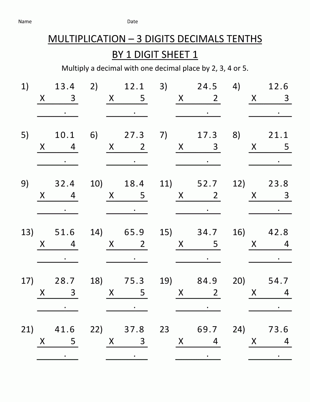 Printable Math Worksheets Free Multiplication