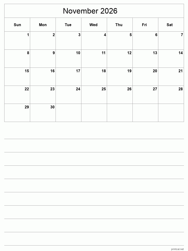 Blank Calendar Page Printable November 2026