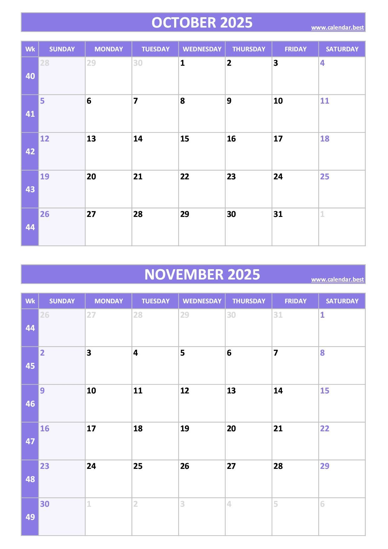 October And November Calendar Printable