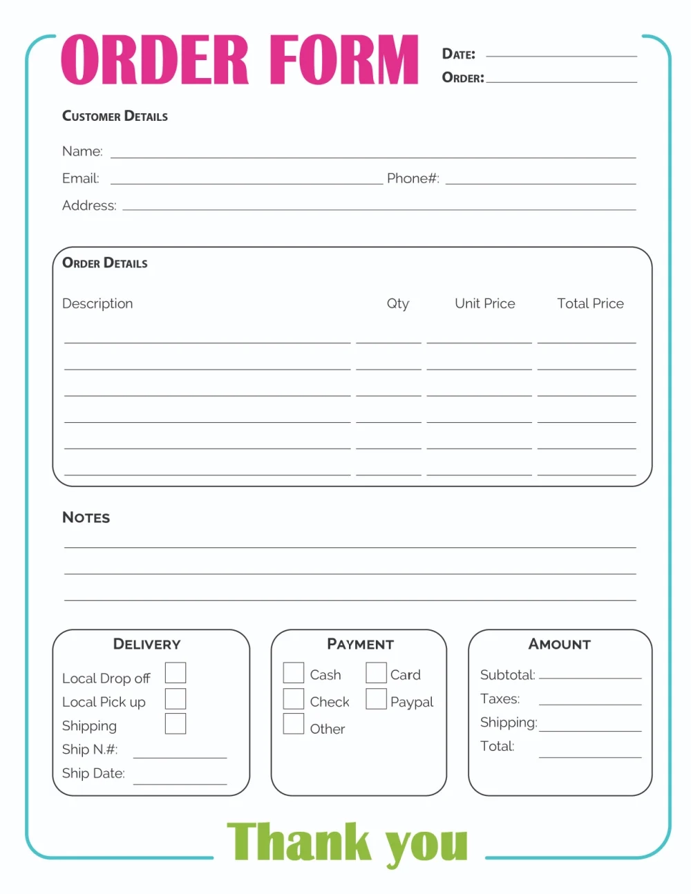 Printable Order Form Template 2 Options 