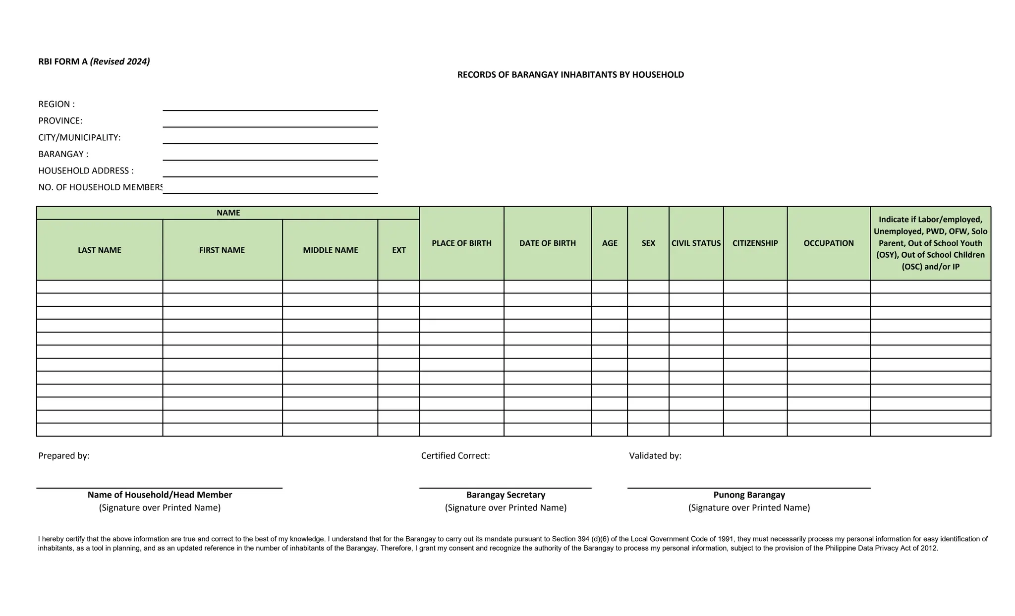 rbi form a by household revised 2024 pdf