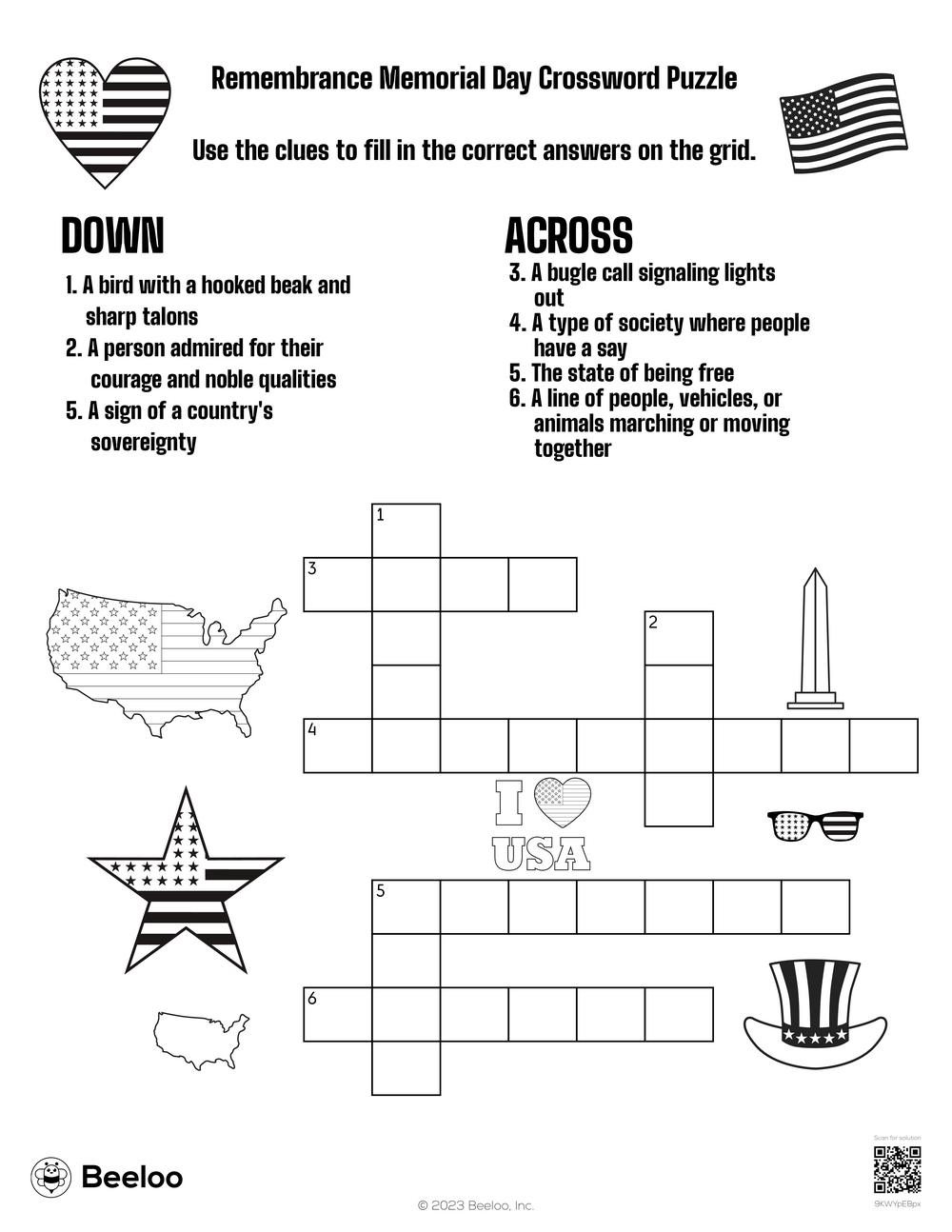 Remembrance Memorial Day Crossword Puzzle Beeloo Printable 