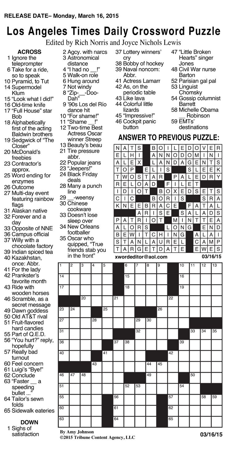 Sample Of Los Angeles Times Daily Crossword Puzzle grid Bottom 