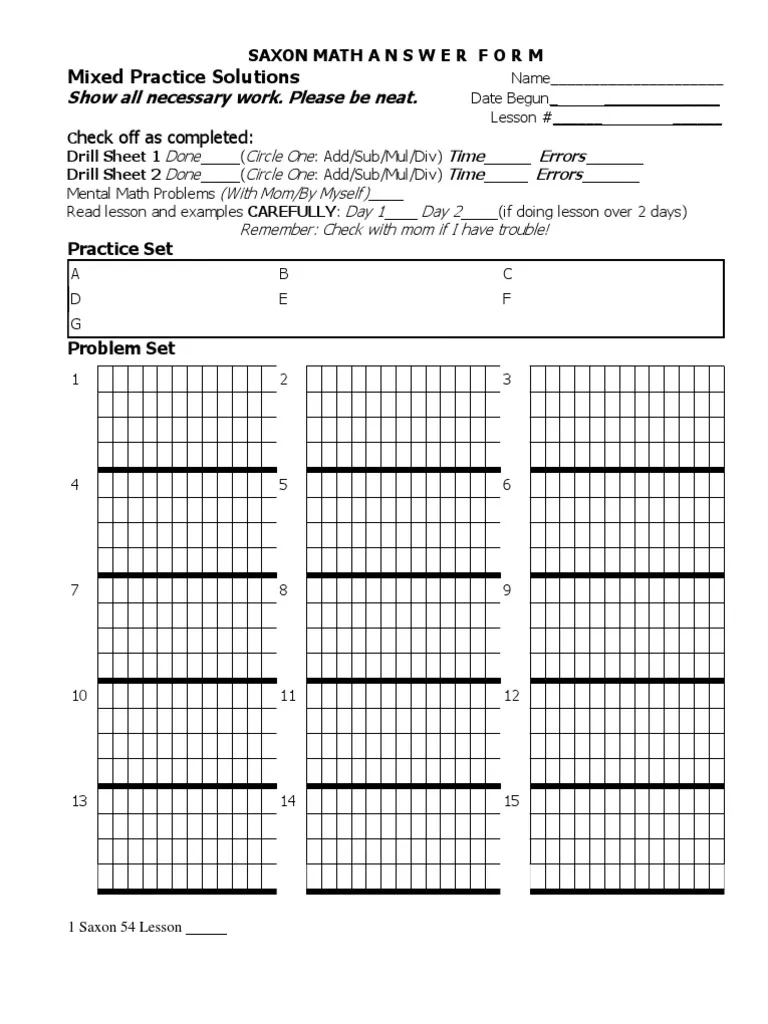 Saxon Math Practice Sheets