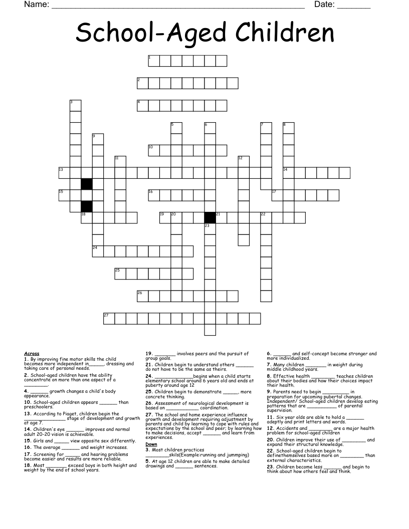 School Aged Children Crossword WordMint