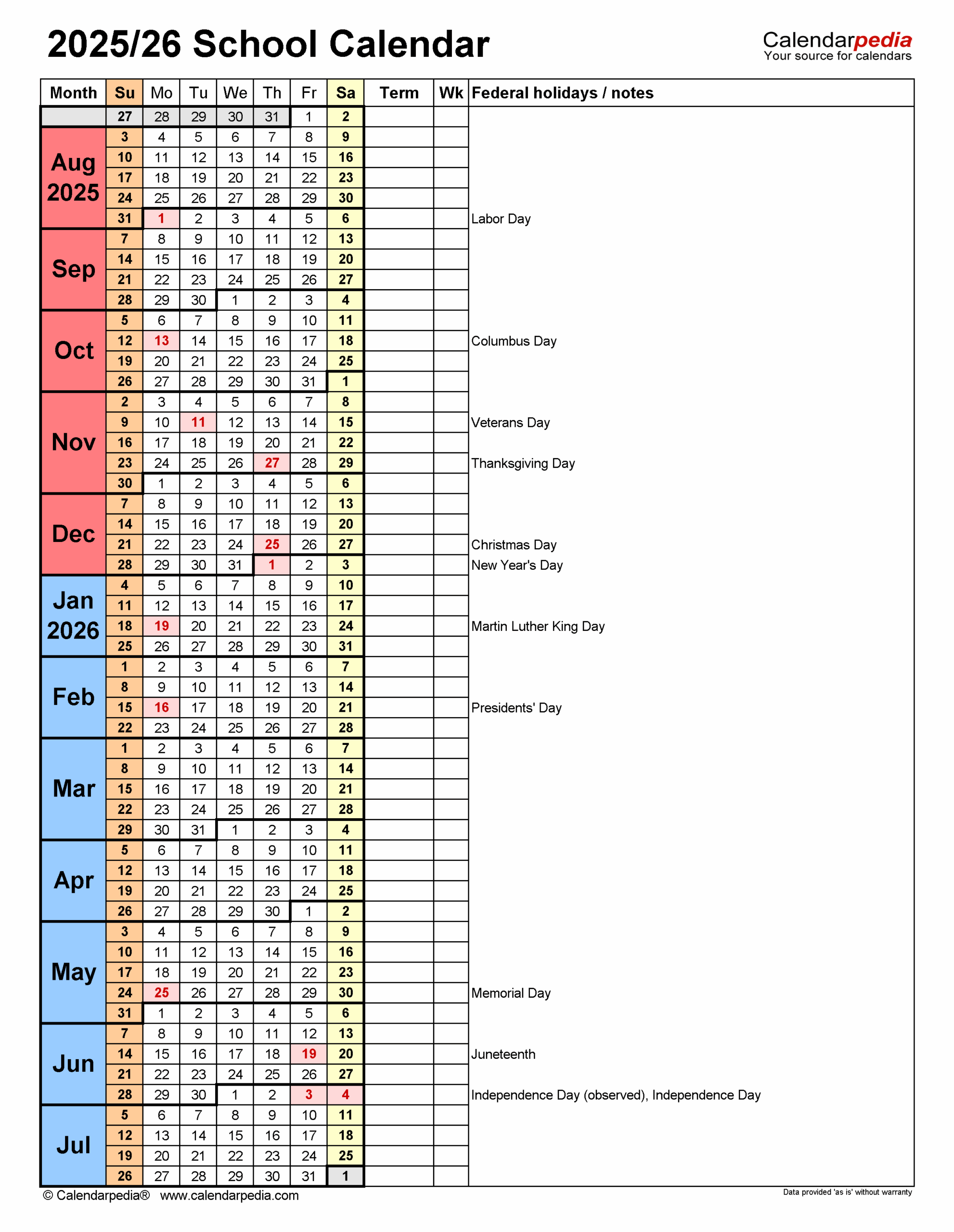 Printable Blank School Calendar 2026-26
