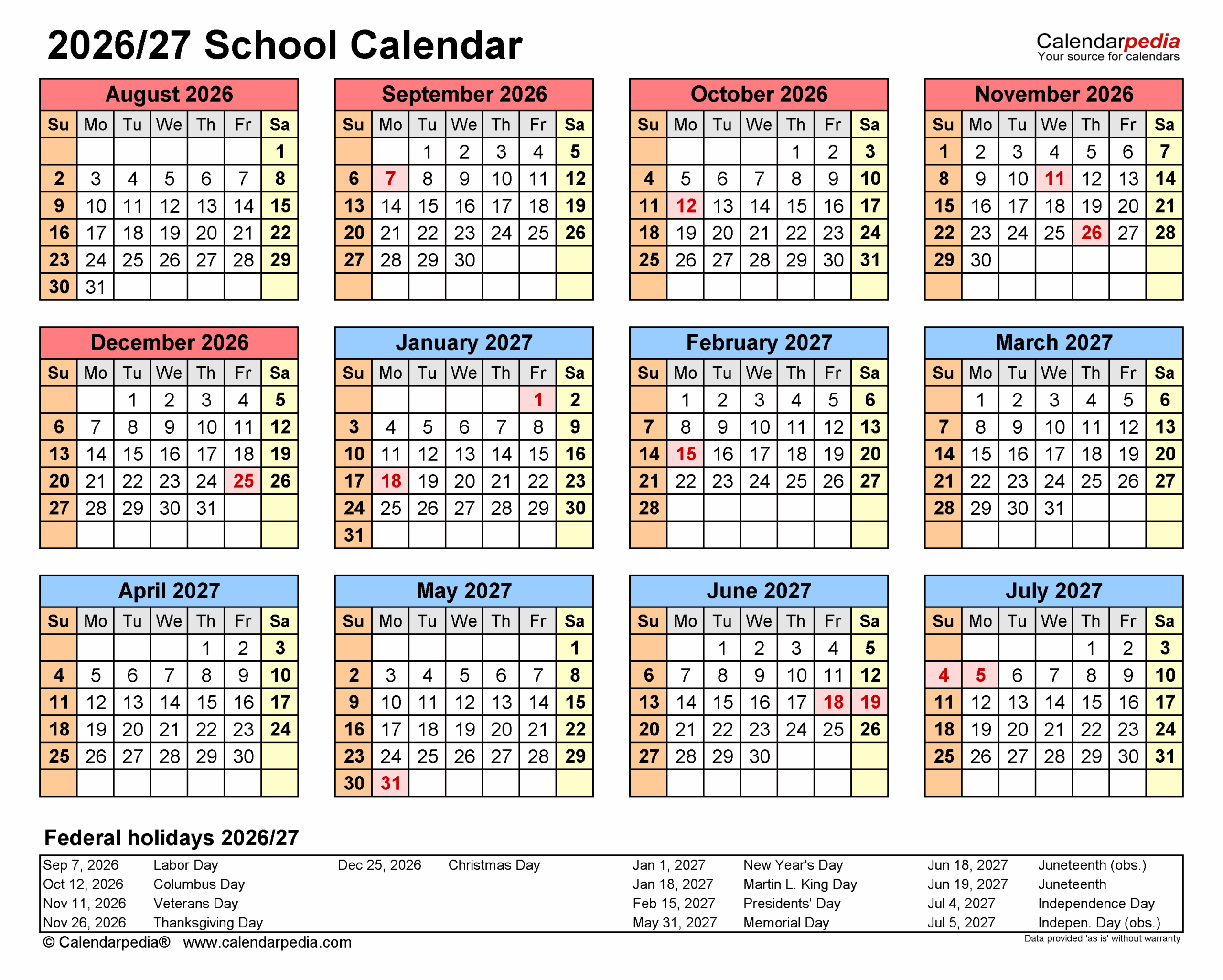 School Calendars 2026 2027 Free Printable Word Templates