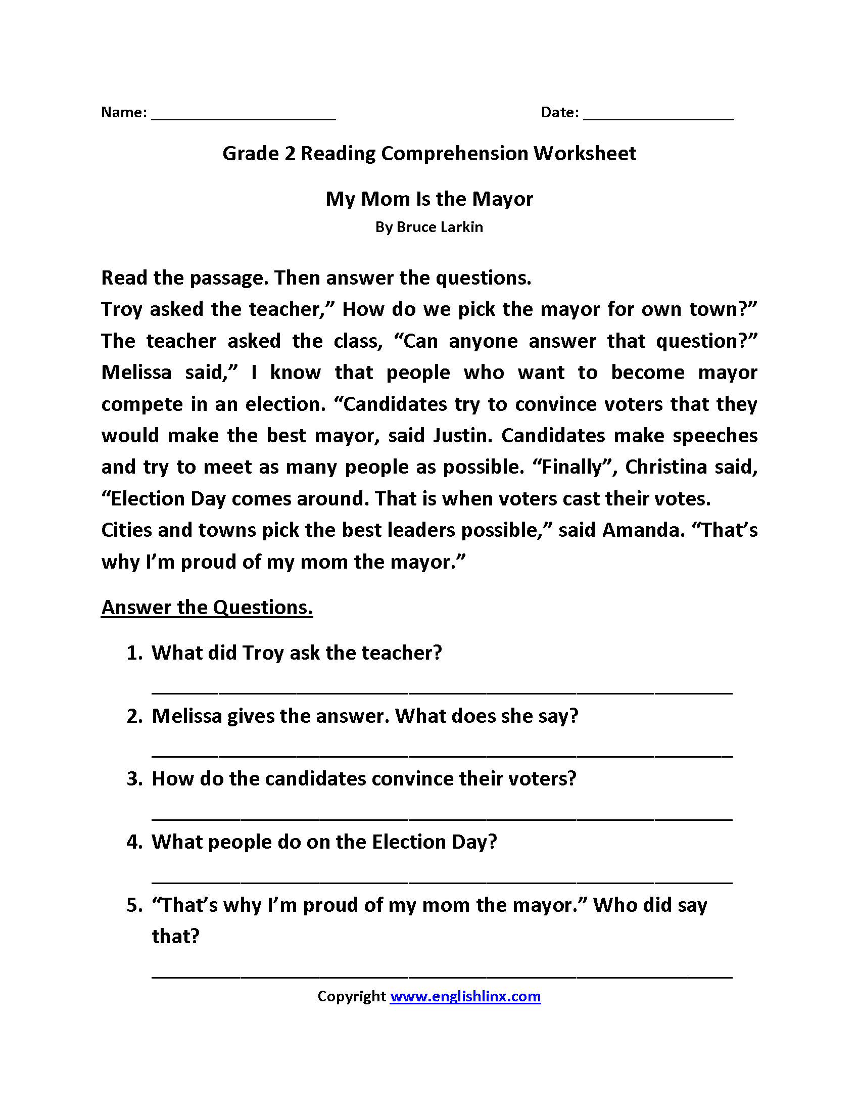 Printable Comprehension Worksheets 2nd Grade