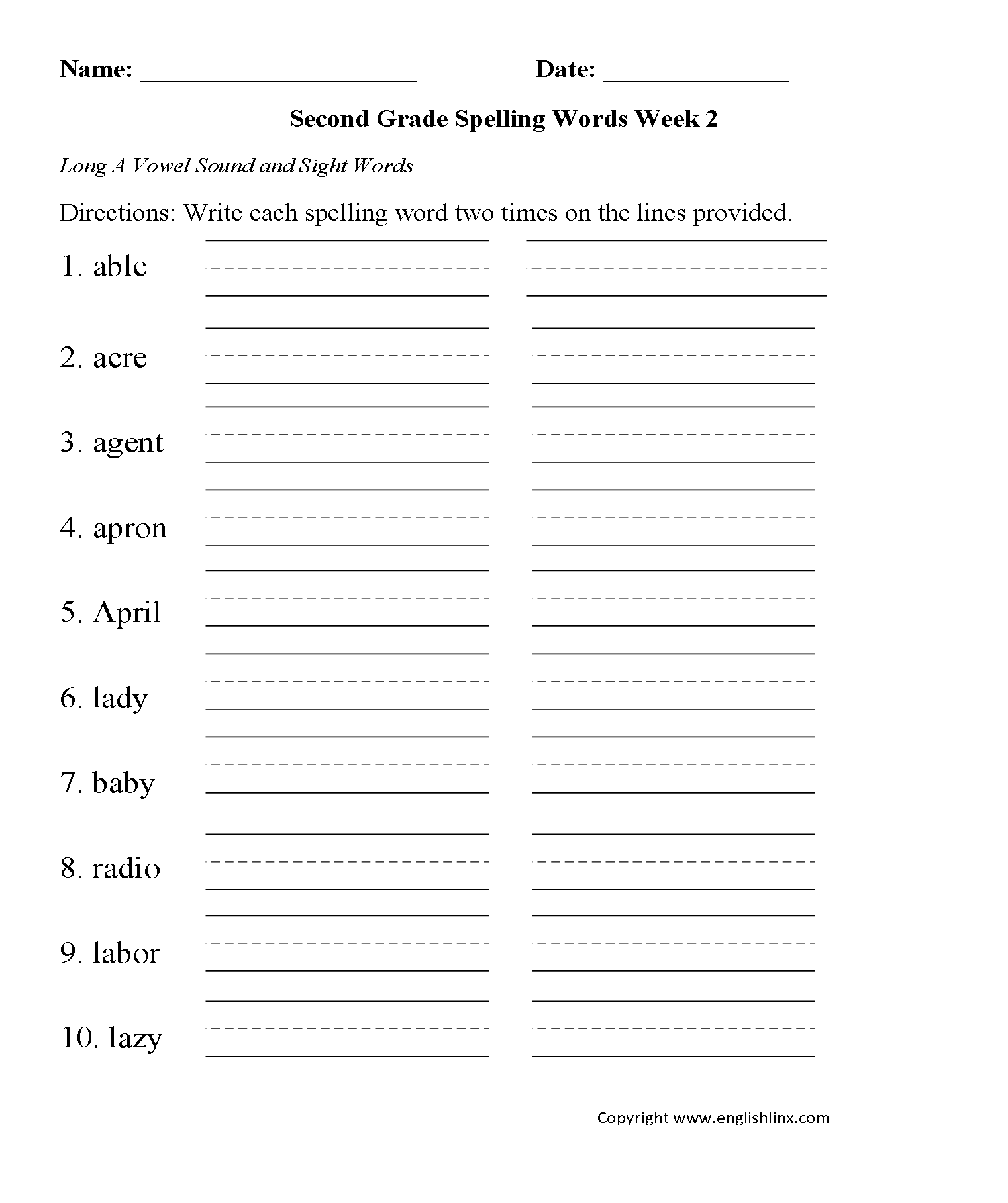 Second Grade Spelling Worksheets Free Word Lists amp Printable 