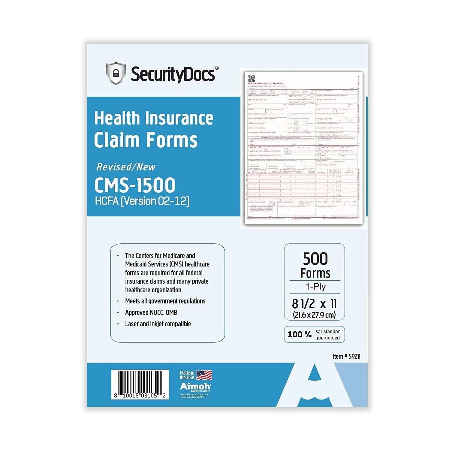 SecurityDocs CMS 1500 Health Insurance Forms 500 Sheets 8 5 X 11 