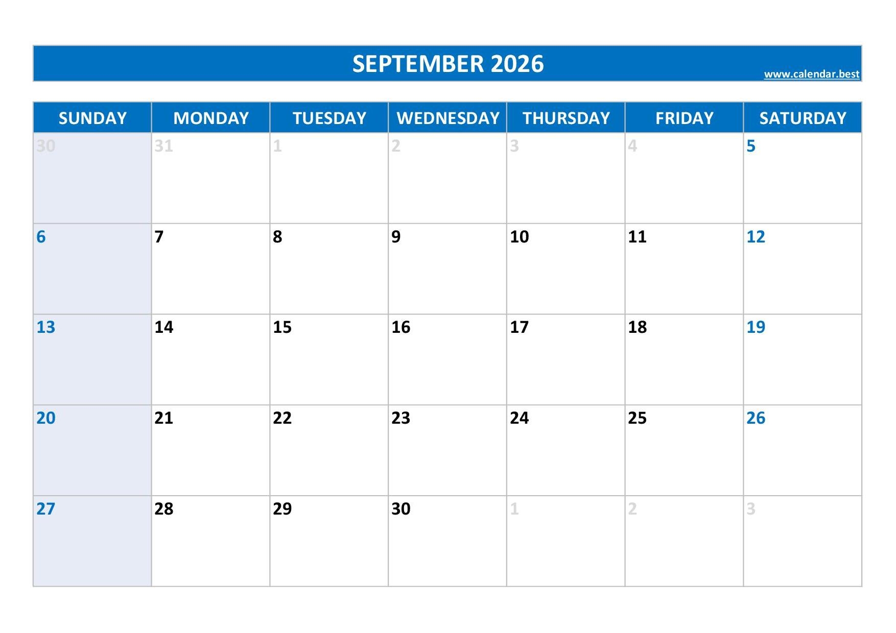 Printable Blank Calendar September 2026