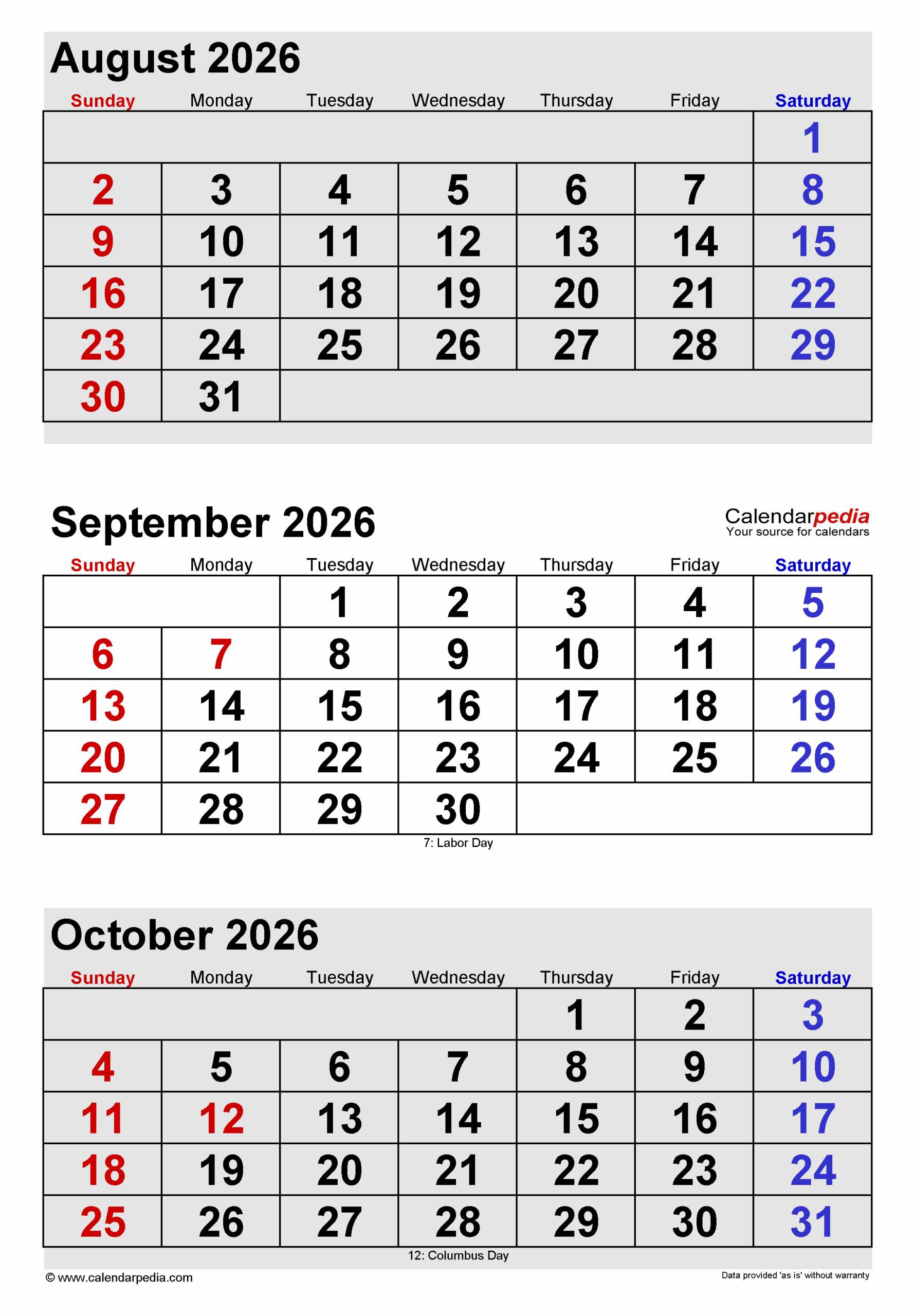Calendar October 2026 - September 2027