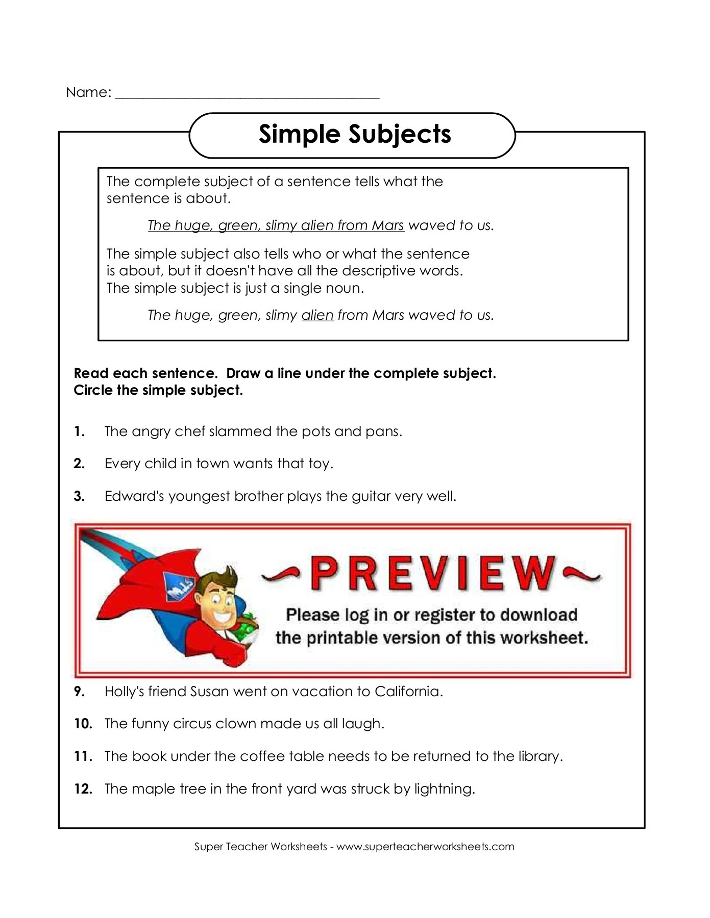 Simple Subjects Super Teacher Worksheets