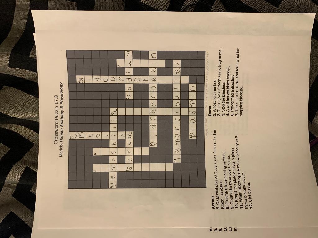 Anatomy And Physiology Crossword Puzzle