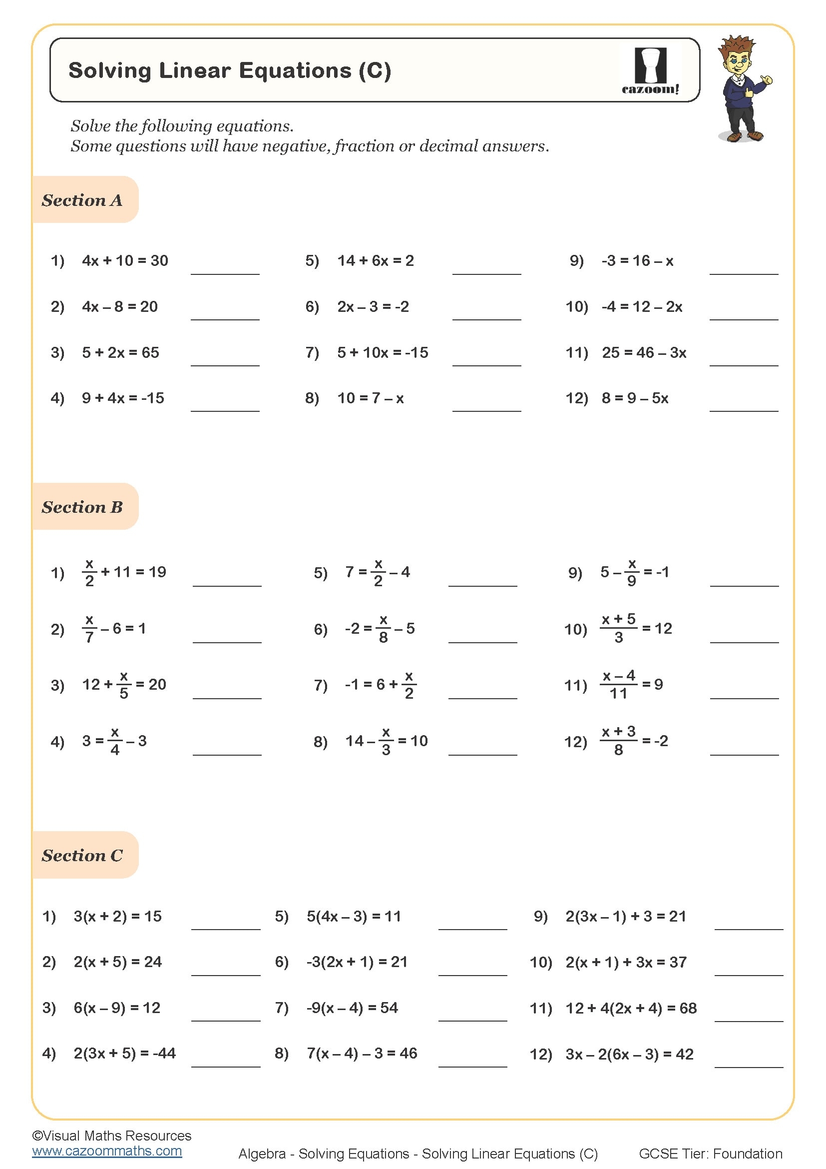 Solving Linear Equations B Worksheet Printable PDF Worksheets